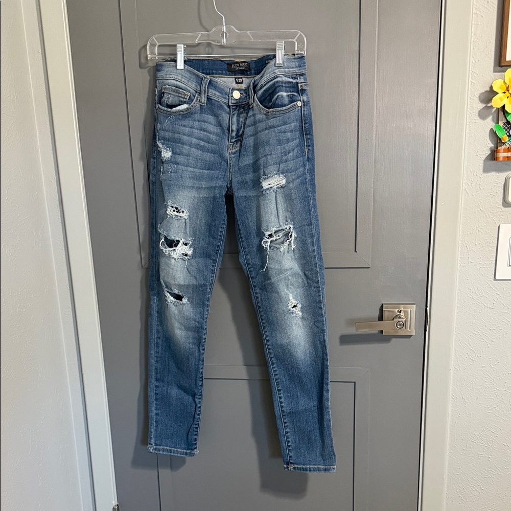 Judy Blue Distressed Straight Leg Jeans - Light Blue